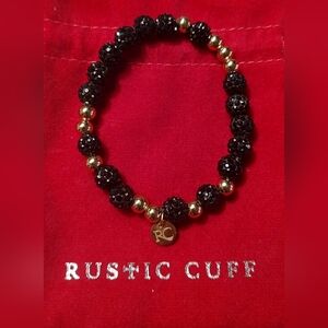 Rustic Cuff Black and Gold Beaded Bracelet with Charm